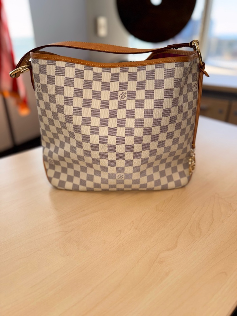 Designer Louis Vitton Checkered Shoulder Bag in Cream and Tan